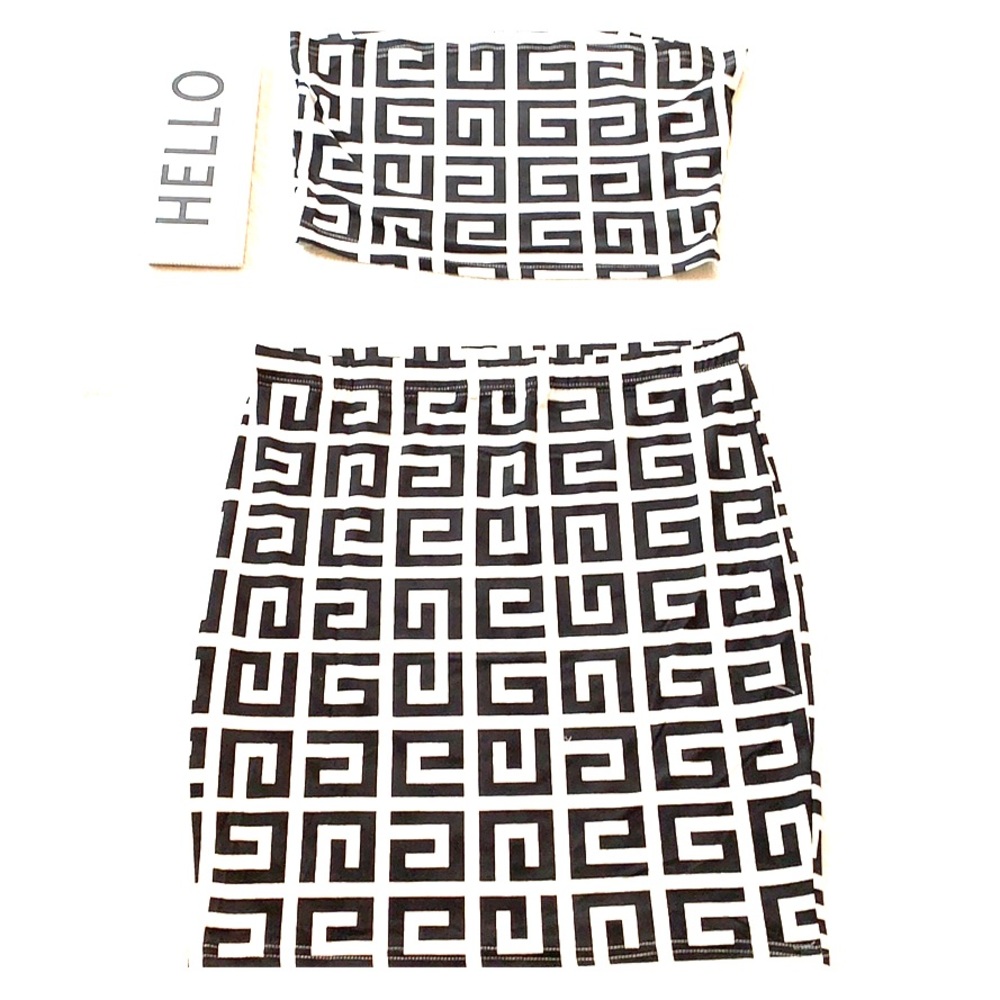 2pc Greek print crop tube top and skirt